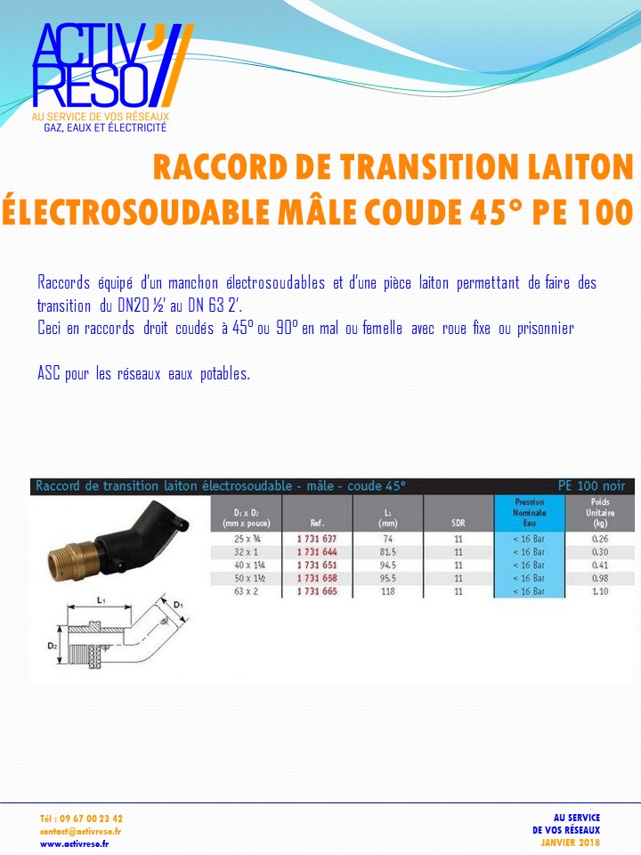 raccord transition electrosoudable laiton mâle coude 45- activreso