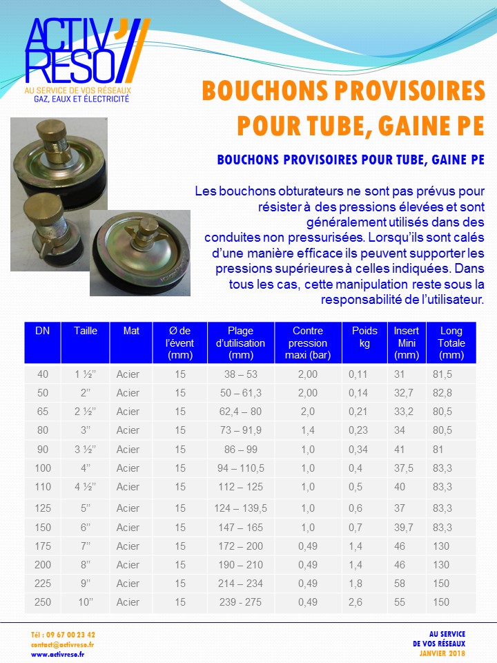 tampon obturateur provisoire pour tube, gaine PE - activreso